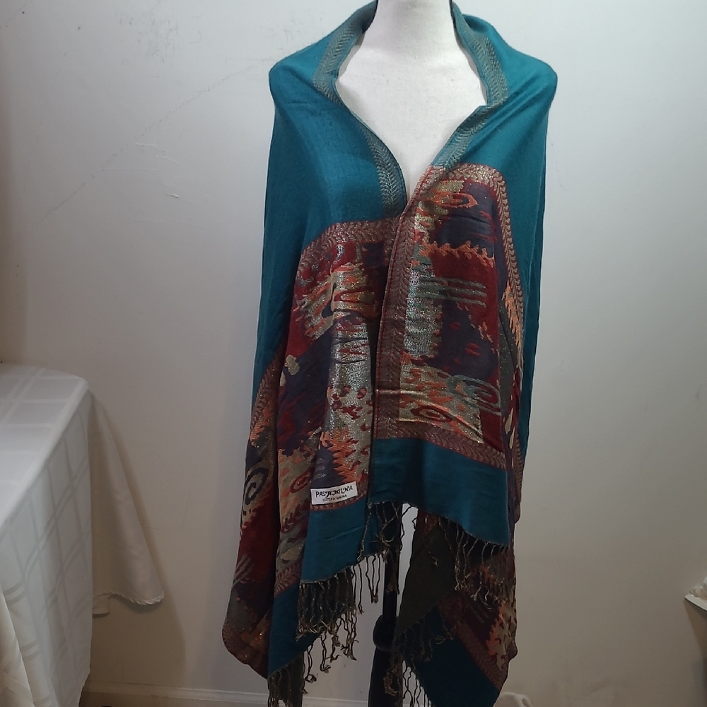 Pashmina Teal and Multicolor Accent Shawl